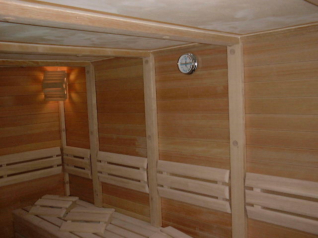 Koll Sauna Mallorca Spanien, Hemlock, Sulenoptik, Balkenoptik